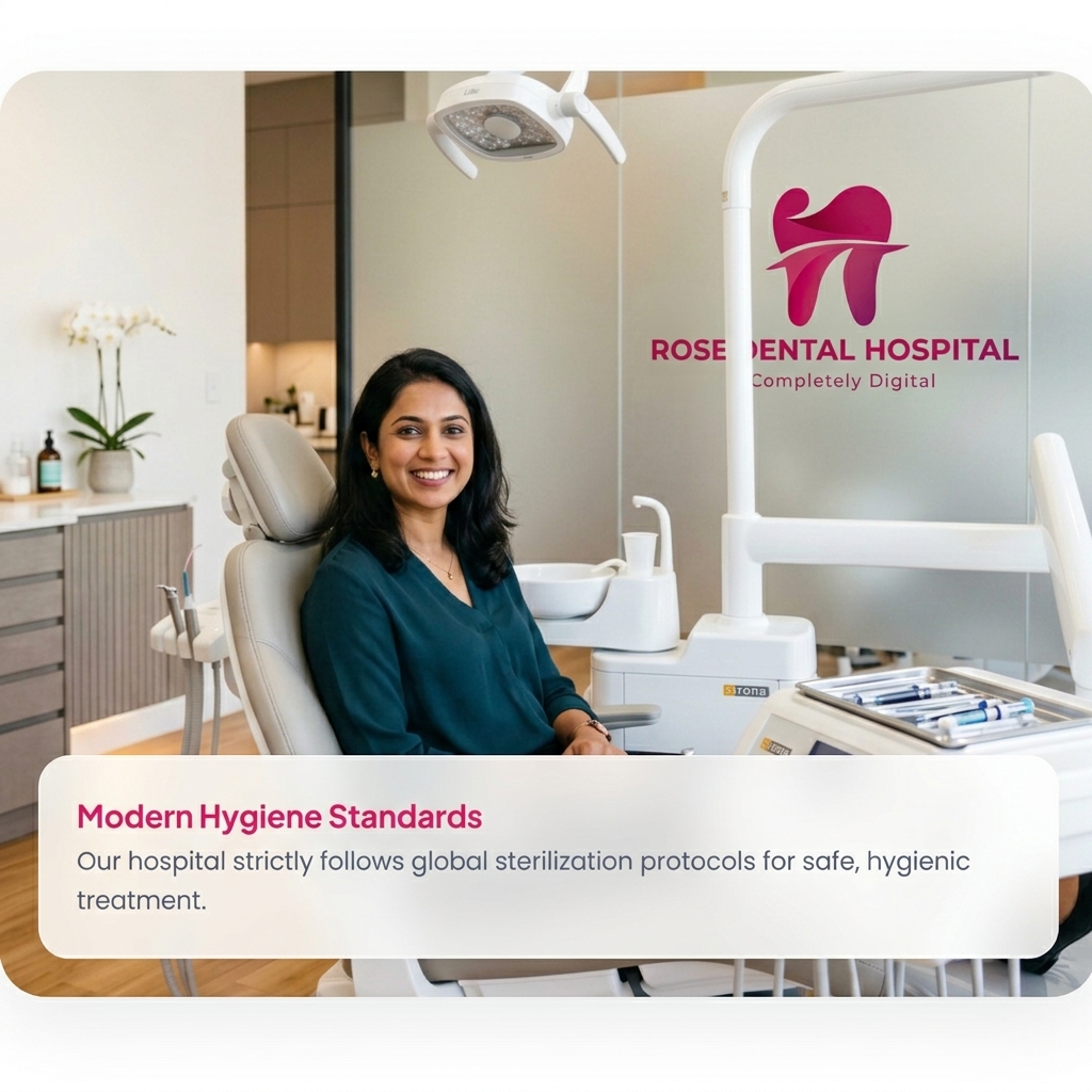 Smiling patient sitting in modern dental chair at Rose Dental Hospital Thamarassery